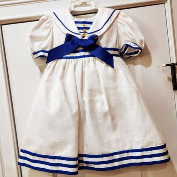Sylvia Whyte Like New White & Blue Dress 4T - Picture 1 of 5